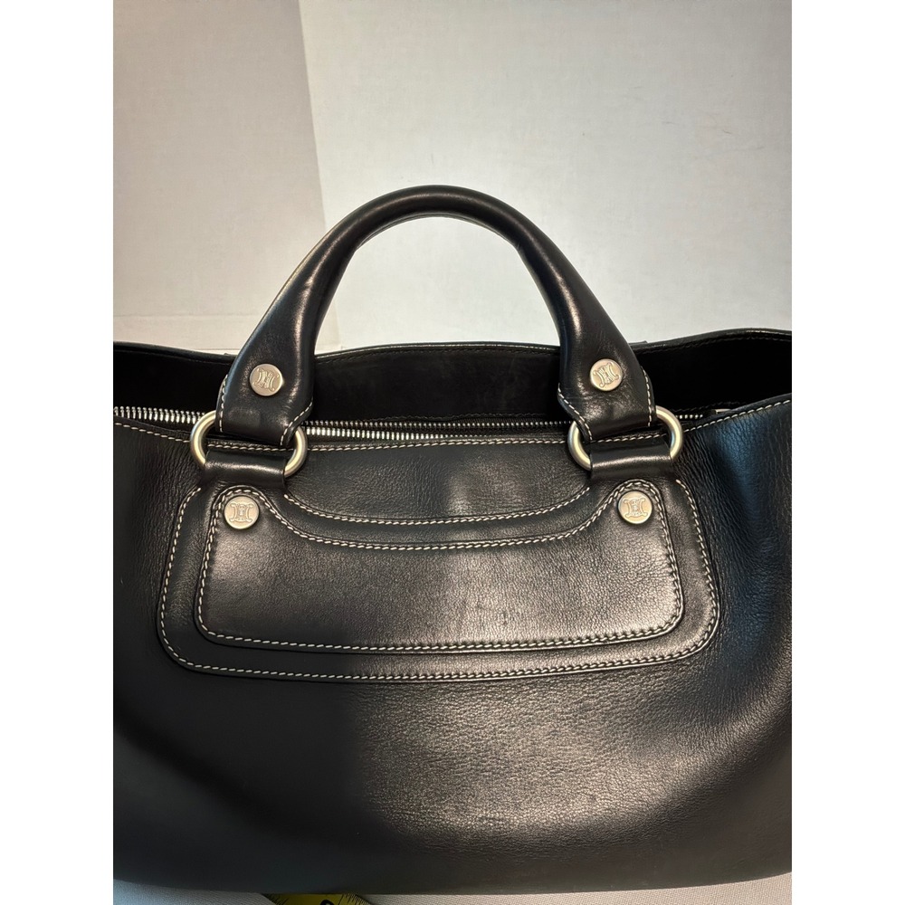 Celine Boogie Bag Satchel Women Medium Black Leather Contrast Stitching COA